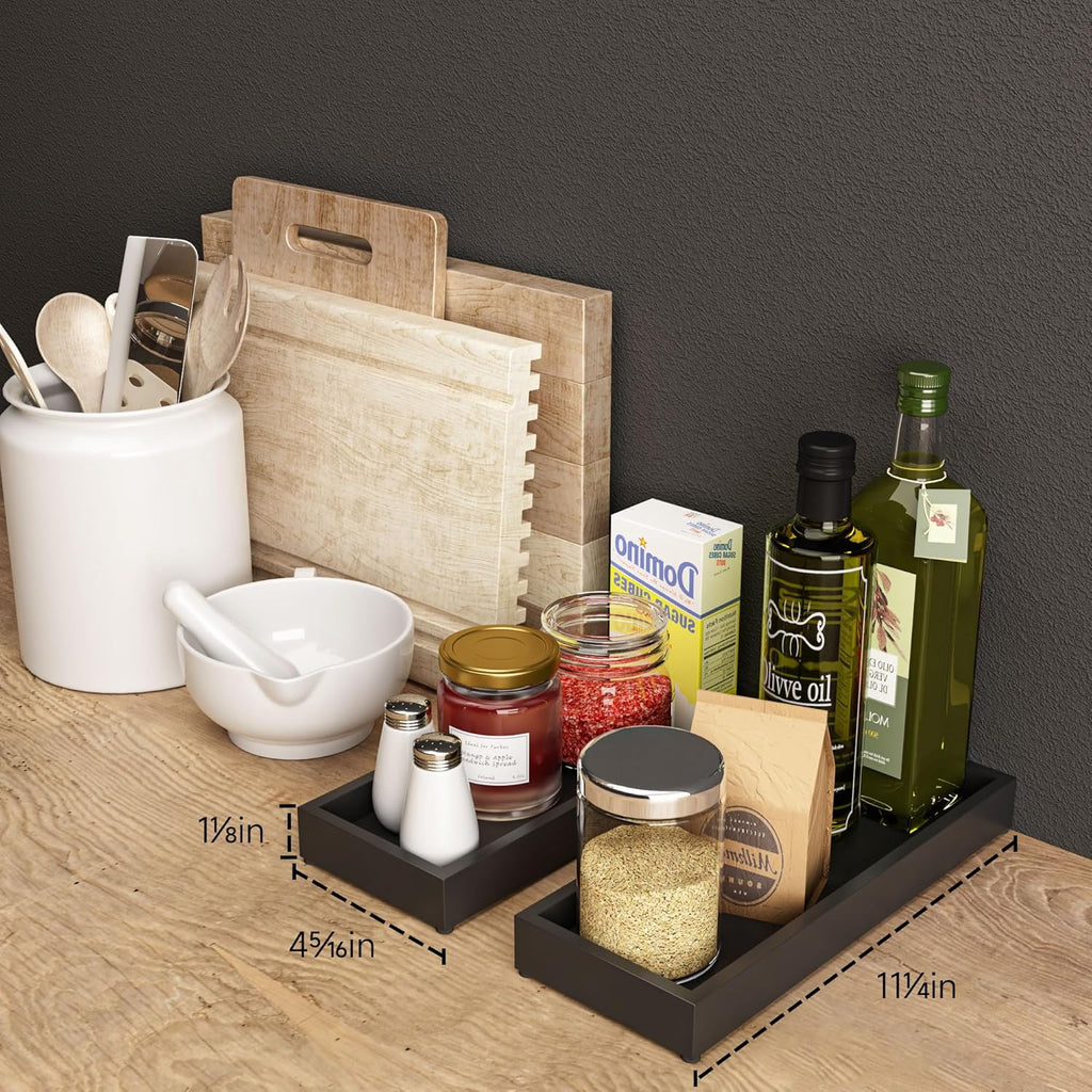 Bathroom Vanity Tray Black Decorative Tray for Counter, 11.2"x 4.3" Small Wood Sink Soap Tray Holder for Kitchen, Dresser Countertop Decor Rectangle Wooden Organizer, Black