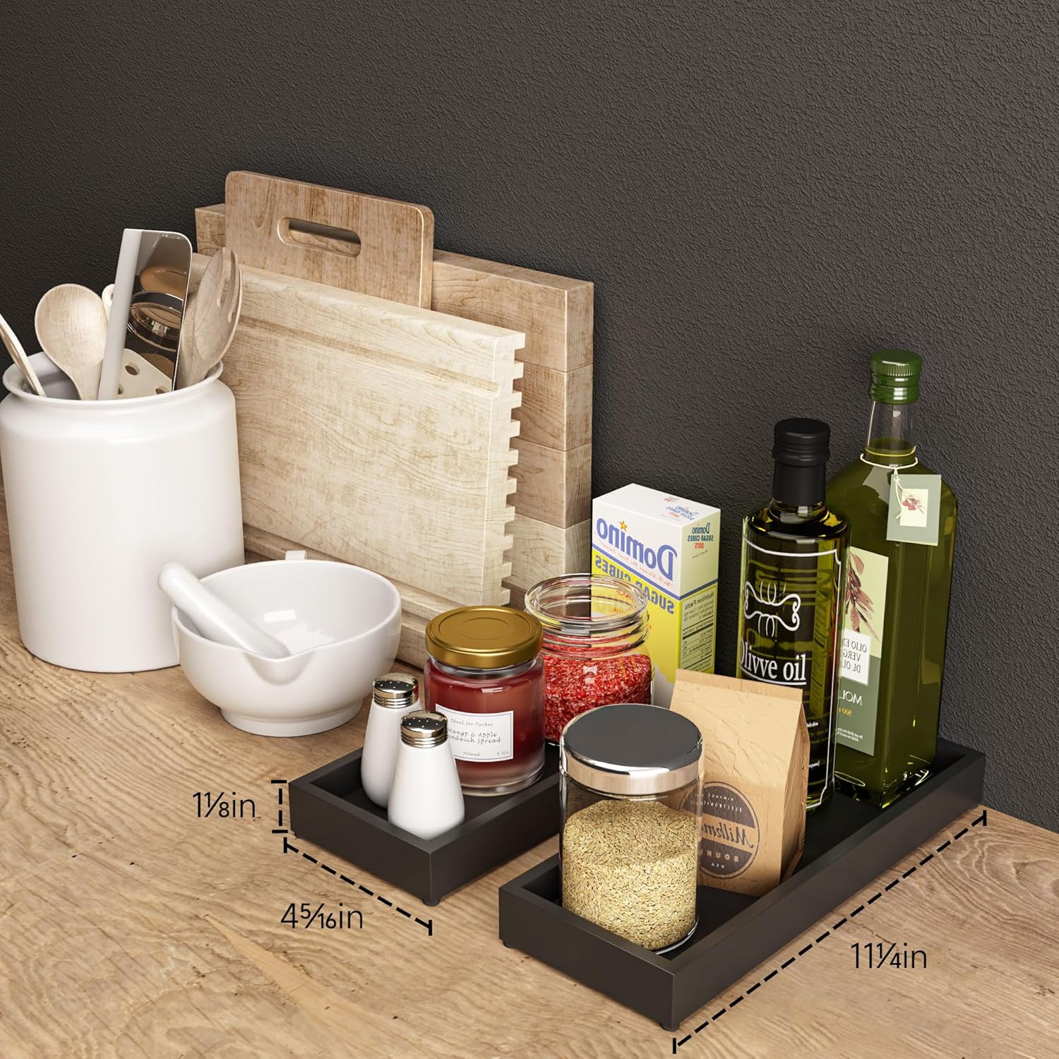 Bathroom Vanity Tray Black Decorative Tray for Counter, 11.2"x 4.3" Small Wood Sink Soap Tray Holder for Kitchen, Dresser Countertop Decor Rectangle Wooden Organizer, Black