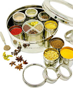 spice dabba Stainless Steel Indian Spice Box,Steel Masala Dabba 12 Spices,Lid Spice Box,Authentic Spices,Masala Box with Individual containers|Size 9 x 9 x 3 IN 3 LB (Indian Spice Box with Spices)