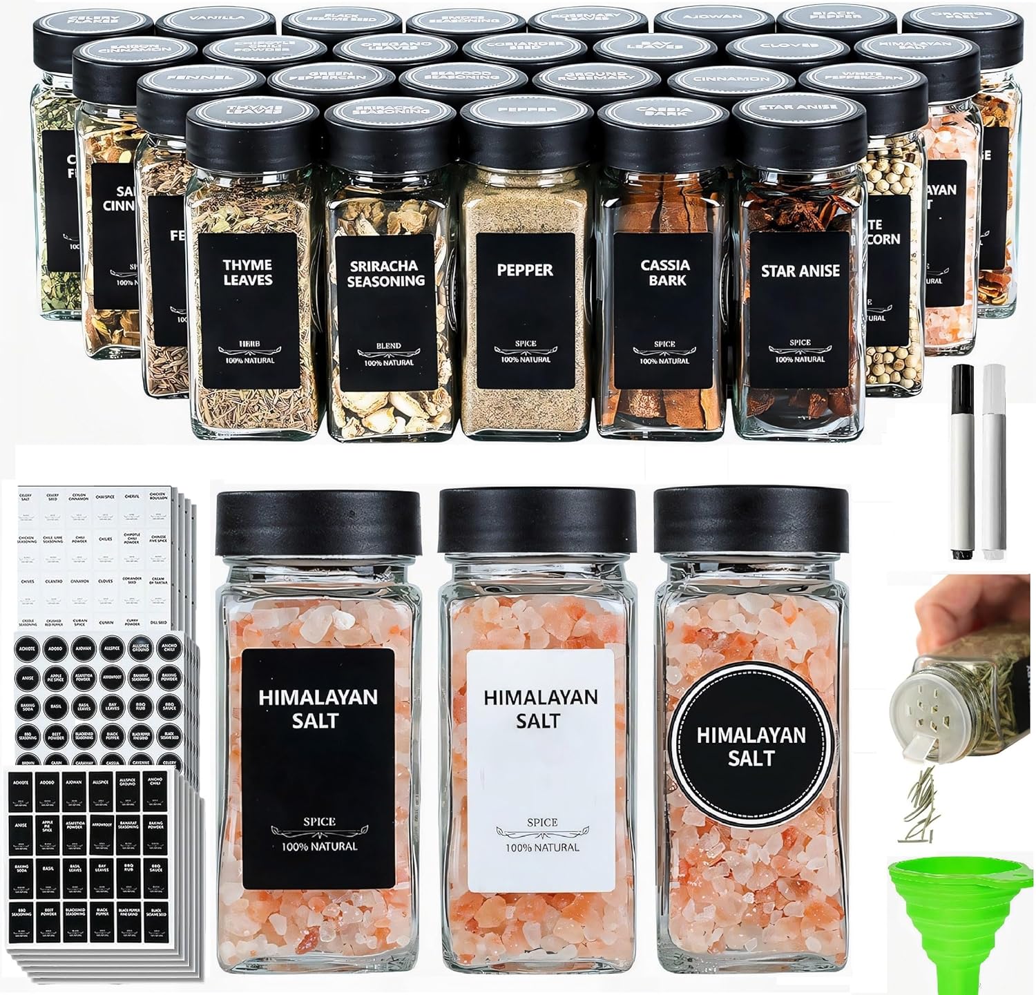 24Pcs Spice Jars Containers with Labels，4oz Black Seasoning Bottles with Shaker Lids for Rack, Cabinet, Drawer,Empty Square Condiment Pots (24, Black)