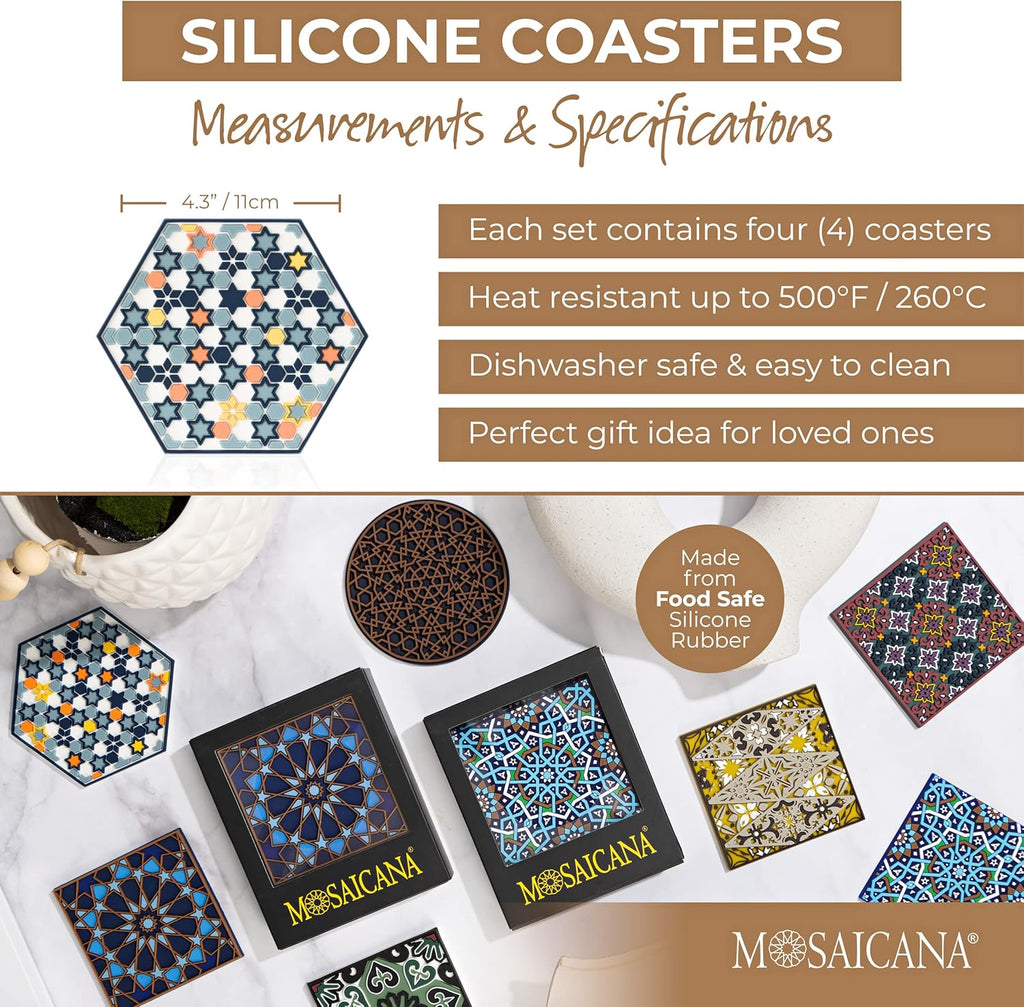 Coasters for Drinks – Set of 4 Coasters, Silicone, Protect Against Water Marks or Damage - Fit All Cups, 3.5" Inch Size Fits, Colored Coasters (Stars of Mars)