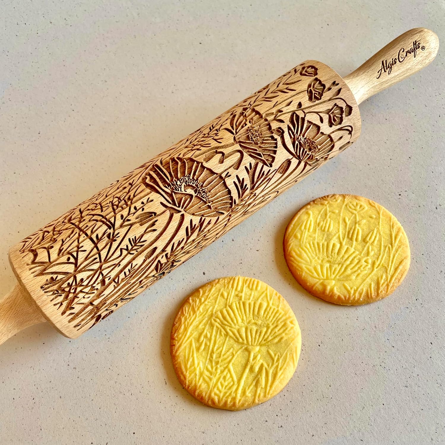 WILD POPPY Embossing Rolling Pin with Flowers Pattern. Dough and Clay Roller for Embossed Cookies and Pottery. Cookie and Ceramic Stamp. Backing Gifts for Women by Algis Crafts
