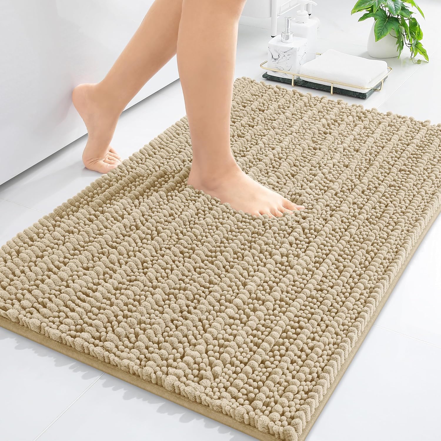 Arotive Luxury Chenille Bathroom Rug Mat, Extra Soft Thick Absorbent Shaggy Bath Rugs, Non-Slip Machine Wash Dry, Plush Bath Mats for Bathroom, Shower and Tub, 30x20, Beige