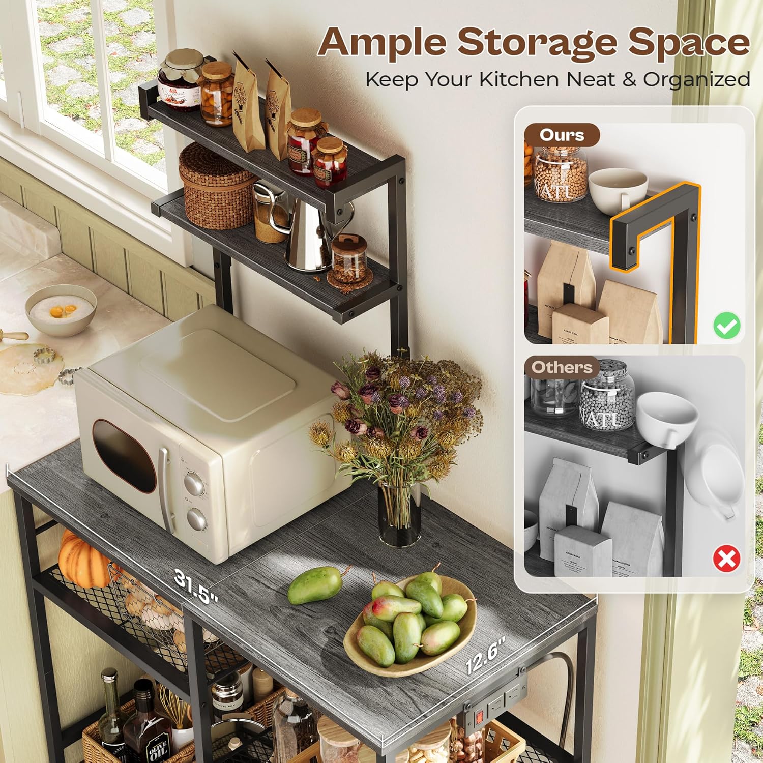 Huuger 31.5 Inch Bakers Rack with Power Outlets, Kitchen Microwave Stand with Storage, Coffee Bar with 4 Hooks, 3-Level Height Open Shelves, Grey