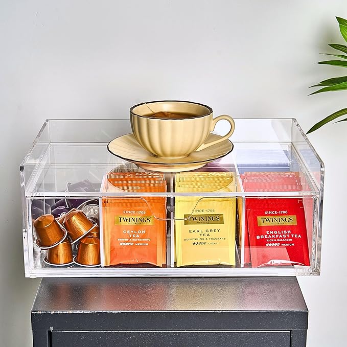 Acrylic Tea Station Organizer for Countertop - Tea Bag Organizer Drawer, Clear Lucite K Cup and Coffee Pod Storage box with 8 Compartments, Tea Caddy Creamer Holder Display Stand