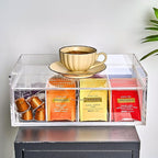 Acrylic Tea Station Organizer for Countertop - Tea Bag Organizer Drawer, Clear Lucite K Cup and Coffee Pod Storage box with 8 Compartments, Tea Caddy Creamer Holder Display Stand