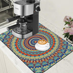 Boho Mandala Ethnic Coffee Mat Absorbent Dish Drying Mat for Kitchen Counter Hide Stain Rubber Backed Coffee Bar Accessories Fit Under Espresso Machine Dish Drainer 15.7 x 23.6 Inch