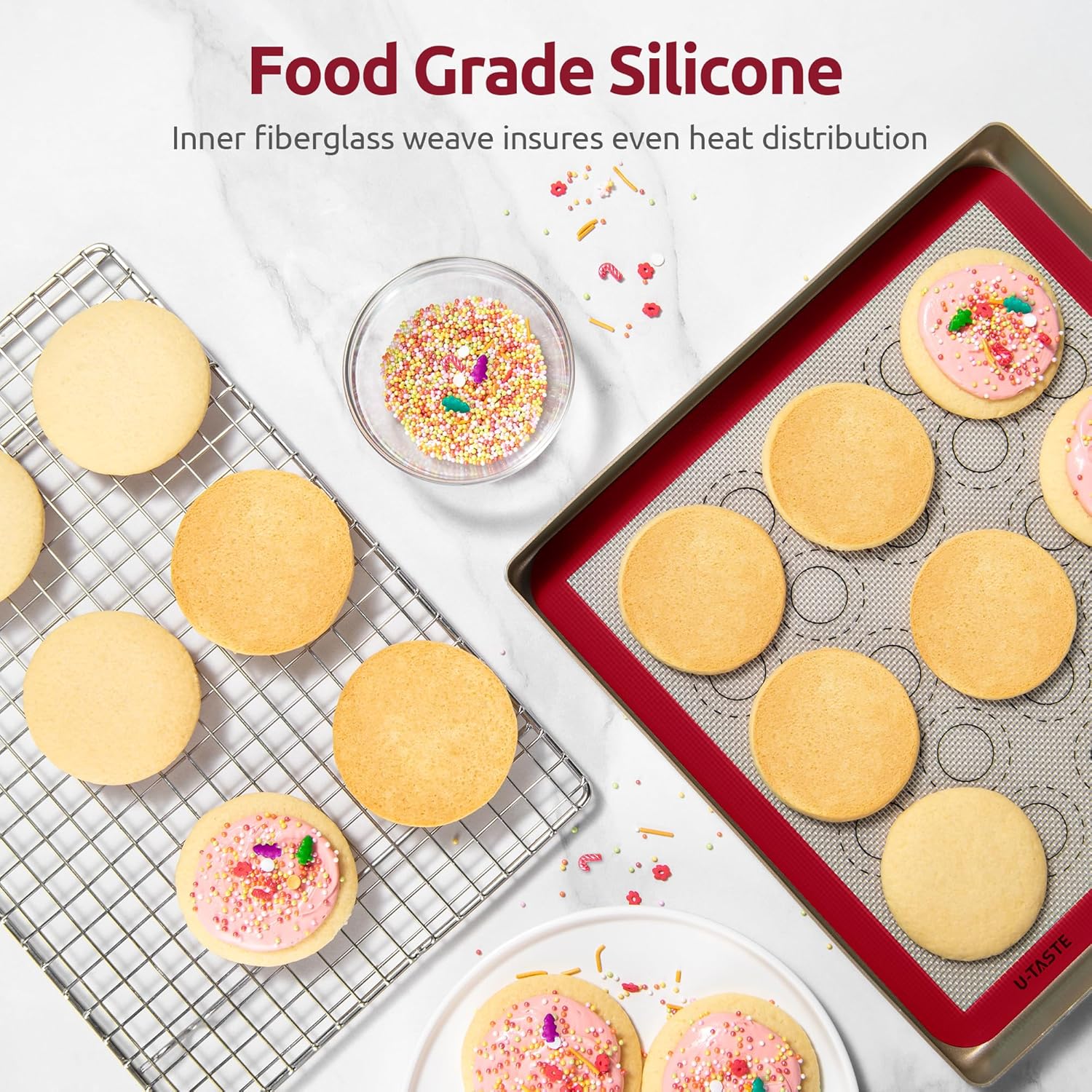446ºF Heat Resistant Macaron Mat: U-Taste 11x11in Non Stick Silicone Baking Mat, Reusable Cookies Pastry Sheet Liner with Edge Enhancement & Circle Measurement for Square Cake Pan (2 PCS, Red)