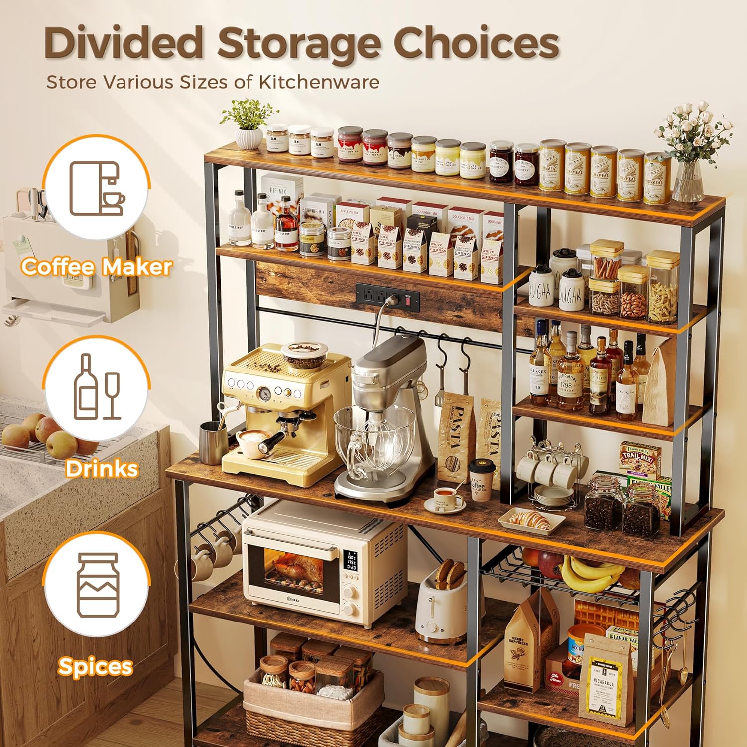 SUPERJARE Larger Bakers Rack with Power Outlets, 6-Tier Microwave Stand, Coffee Bar with 12 S-Shaped Hooks, Kitchen Shelf with Wire Basket, 47.2 x 15.5X 66.9 Inches, Rustic Brown