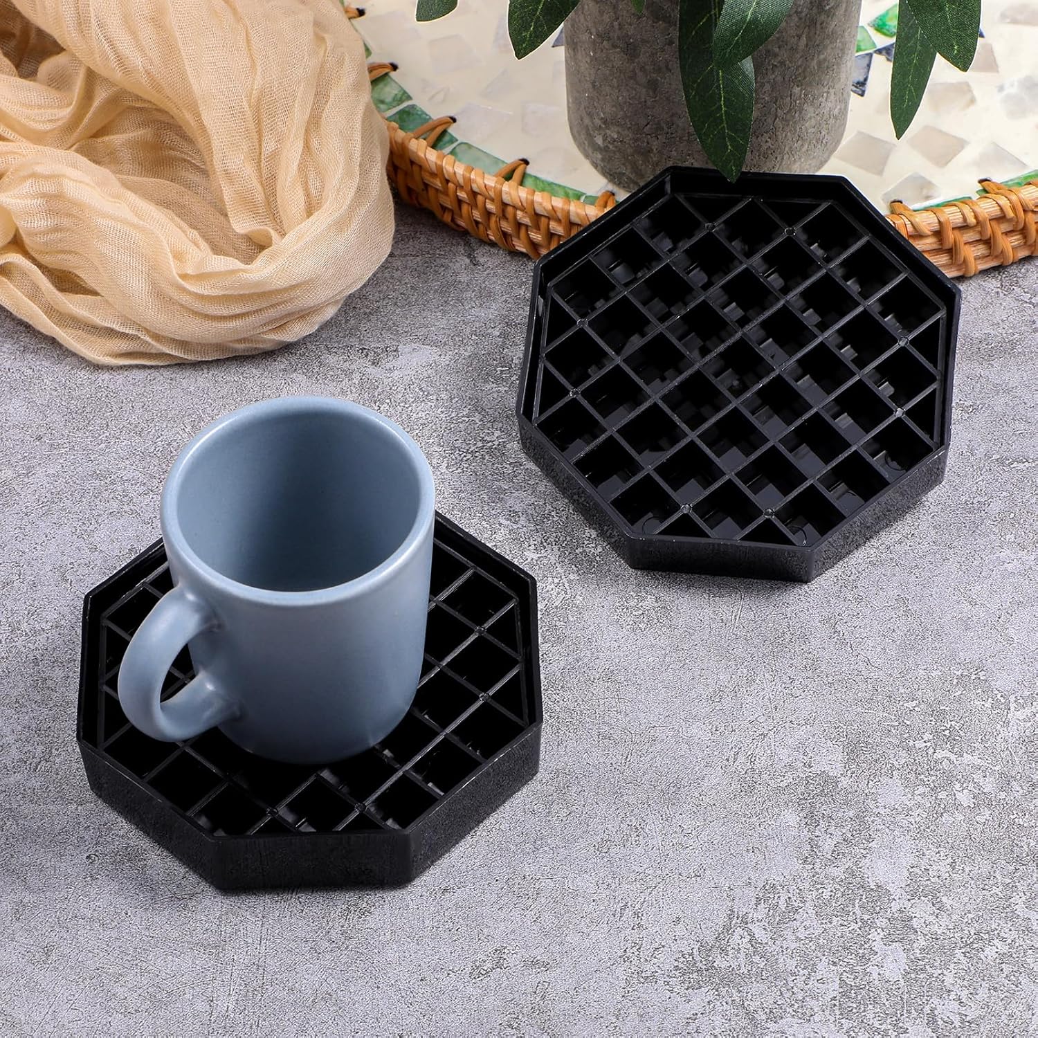 6 Pcs 4 Inch Black Plastic Octagon Coffee Drip Trays with Honeycomb Grid for Coffee, Tea, Wine