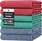 Homaxy Premium Kitchen Towels(18”x 28”, 6 Pack), Large Cotton Kitchen Hand Towels, Flat and Terry Dish Towels, 380 GSM Highly Absorbent Tea Towel Set with Hanging Loop, Navy Blue/Red/Green