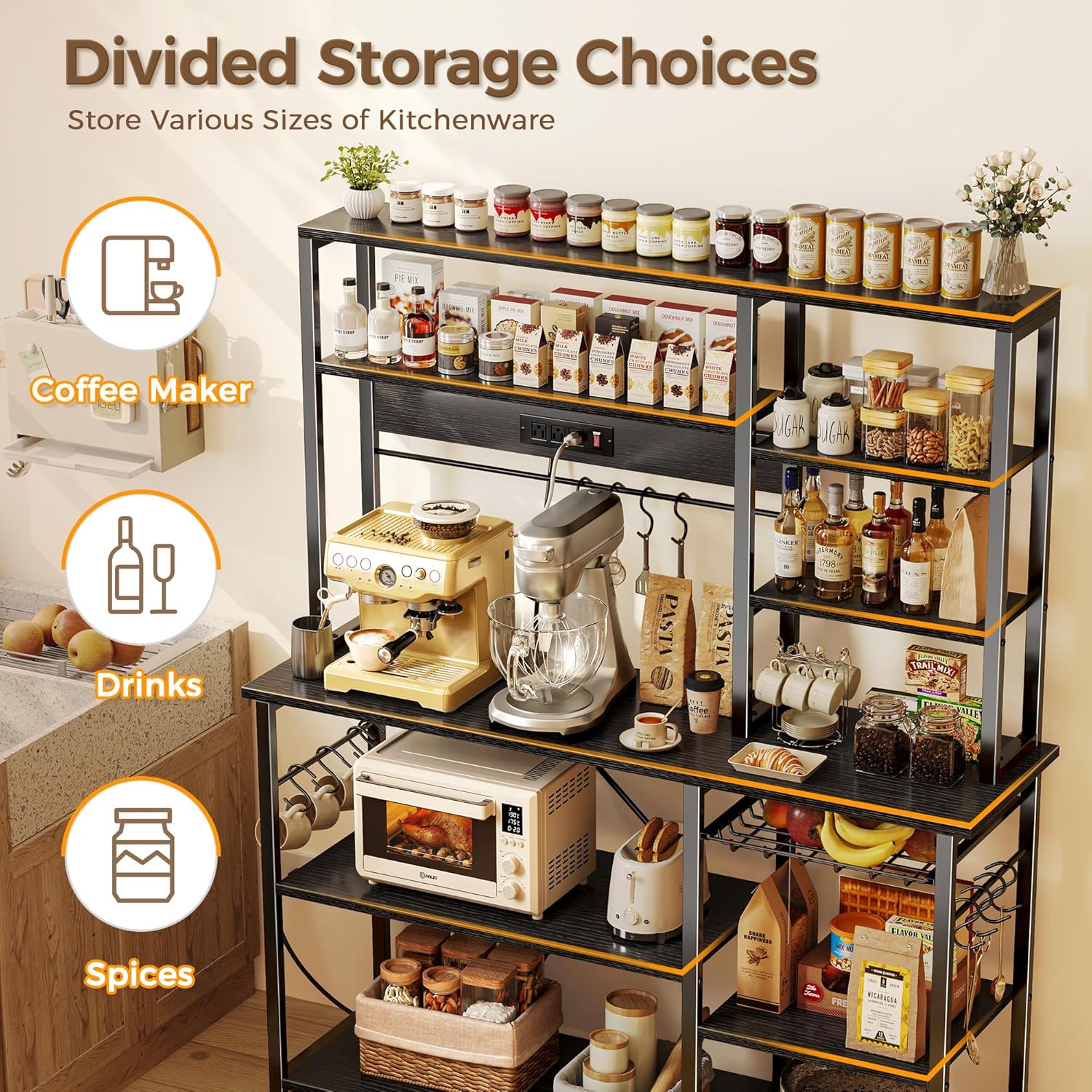 SUPERJARE Larger Bakers Rack with Power Outlets, 6-Tier Microwave Stand, Coffee Bar with 12 S-Shaped Hooks, Kitchen Shelf with Wire Basket, 47.2 x 15.5x 66.9 Inches, Black