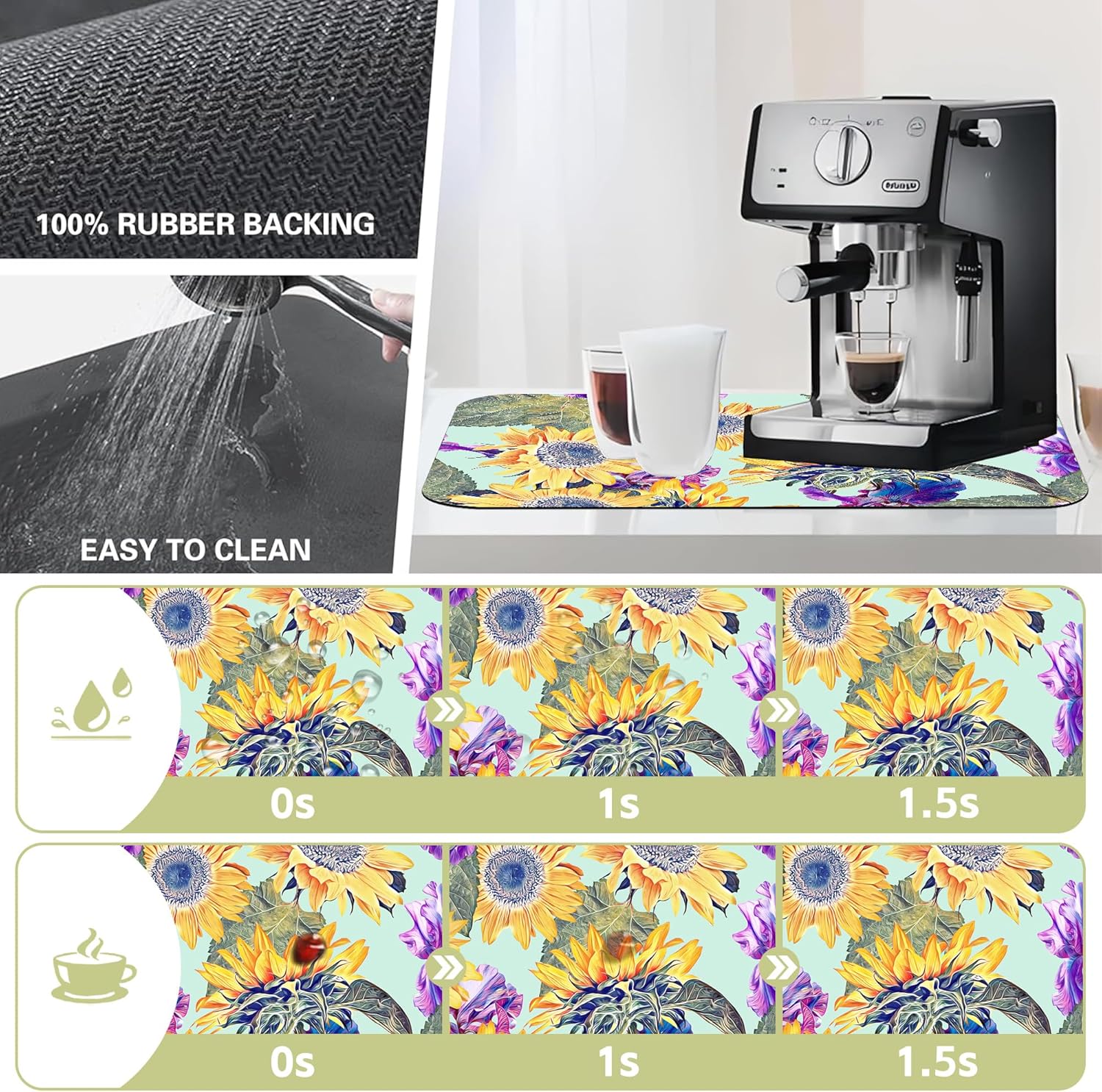 Dish Drying Mat Watercolor Sunflowers Irisflowers Floral Kitchen Mat 12"x19" Bsorbent Coffee Maker Mat for Dishes,Utensils Coffee Maker Pots and Pans Easy Clean Dish Slip Resistant Pad