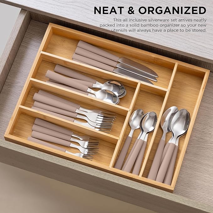 COOK WITH COLOR Bamboo Kitchen Utensil Set with Drawer Organizer | Cooking Tools and Storage Caddy, Brown, 25 Piece Cutlery Set