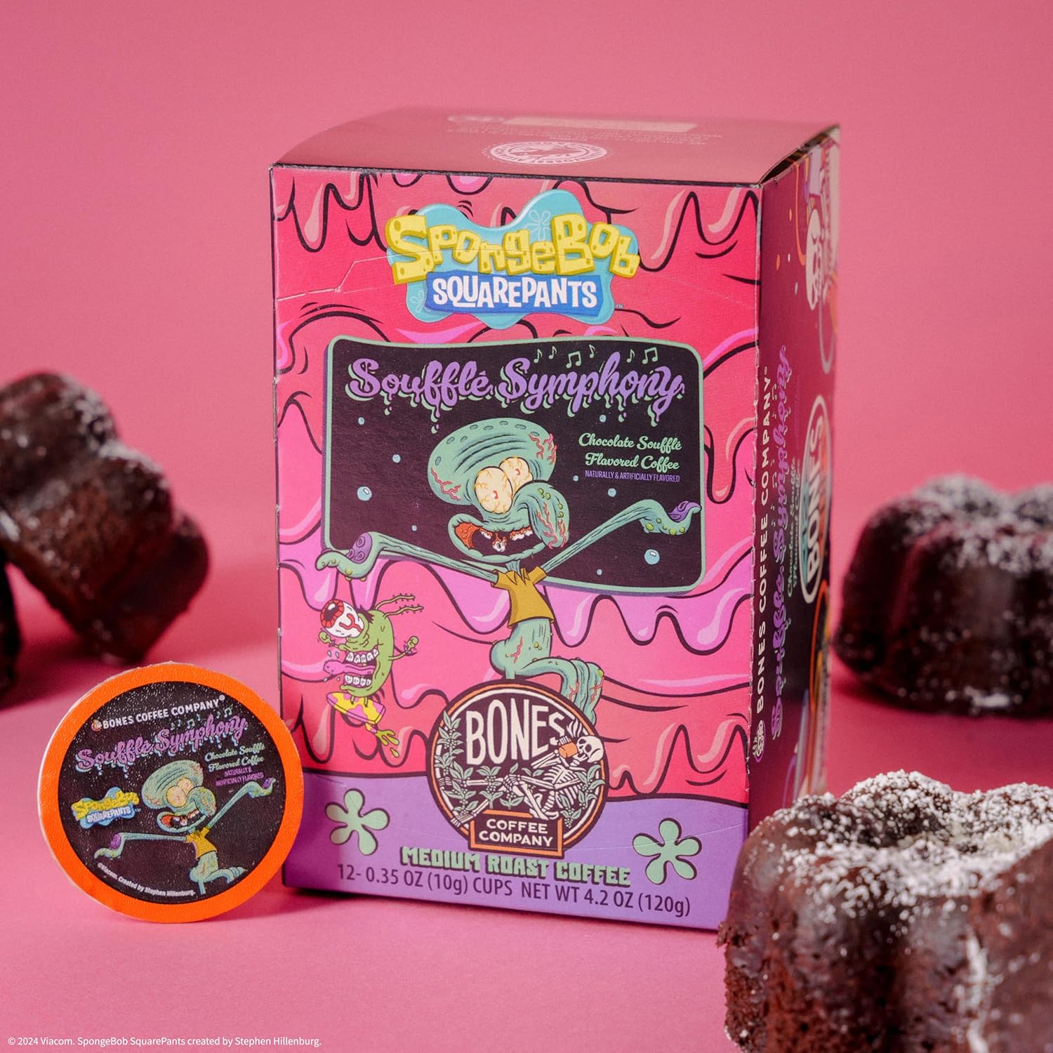 Bones Coffee Company Spongebob Soufflé Symphony, Chocolate Soufflé Flavored Coffee Pods, Low Acid Medium Roast Single-Serve Bones Cups, Compatible with 1.0 & 2.0 Capsule Brewers Coffee Maker, 12 Count