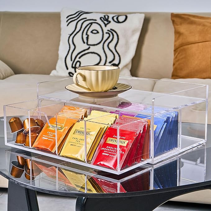 Acrylic Tea Station Organizer for Countertop - Tea Bag Organizer Drawer, Clear Lucite K Cup and Coffee Pod Storage box with 8 Compartments, Tea Caddy Creamer Holder Display Stand