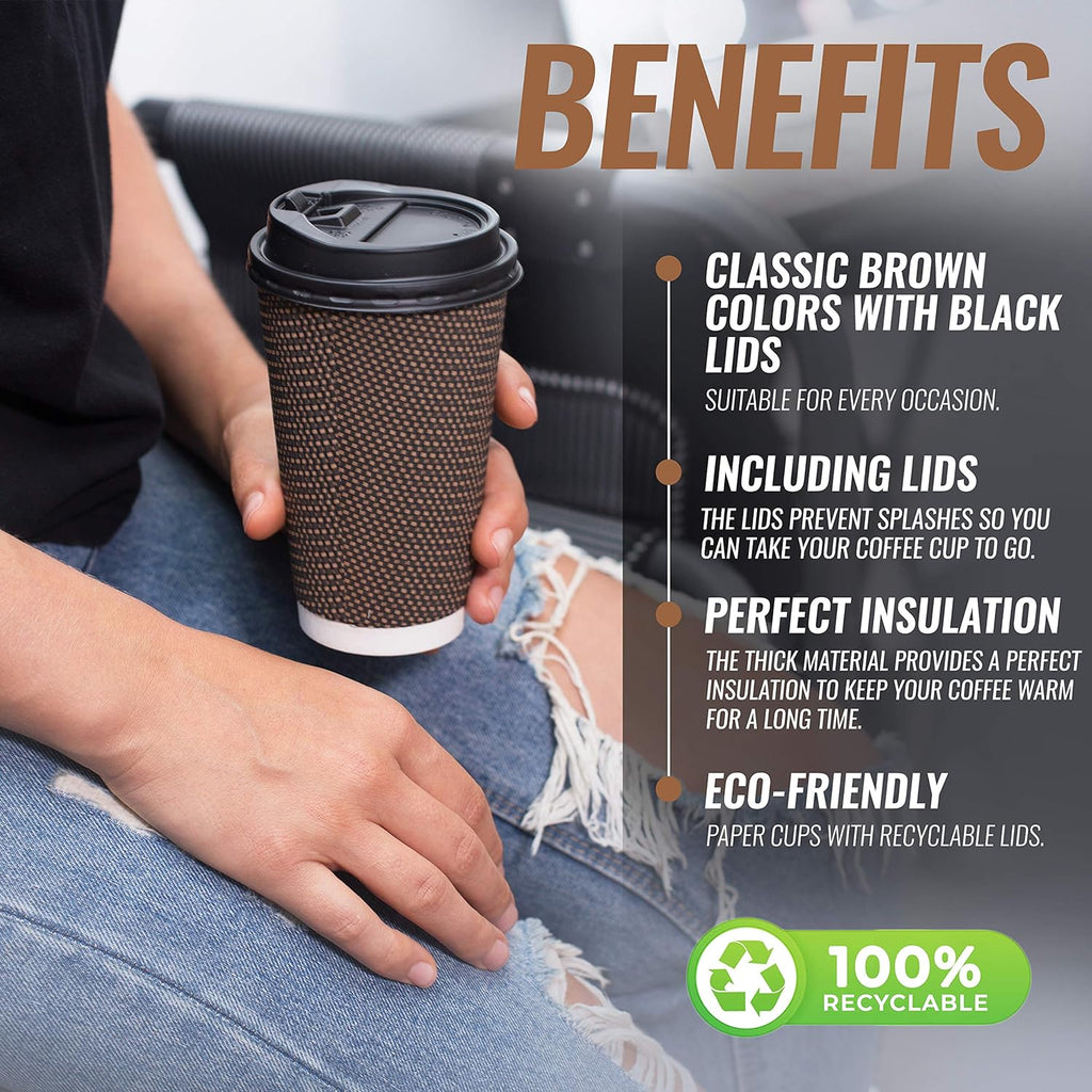 Promora Brown Disposable Coffee Cups With Lids 16 oz, Premium Insulated Paper Ripple Cups for Hot Coffee (80 Pack)