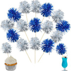 Ephlyn 30Pcs Foil Firework Cupcake Toppers Party Birthday Cake Toppers Supplies Sparkle Tinsel Cocktail Fruit Toothpick for Birthday Wedding Graduation Party Supplies Dark Blue Silver