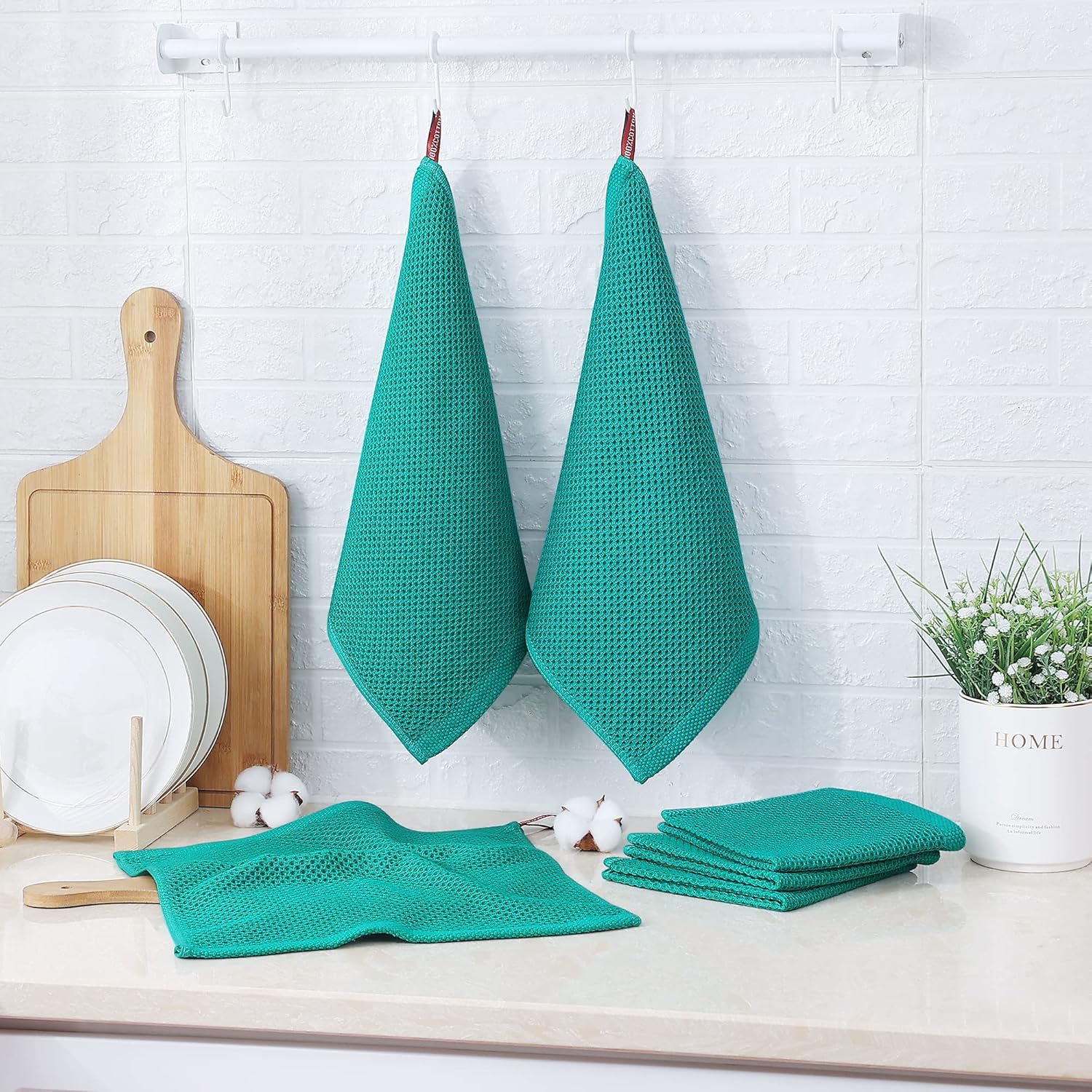 Kitinjoy 100% Cotton Kitchen Dish Cloths, 6 Pack Waffle Weave Ultra Soft Absorbent Dish Towels for Drying Dishes Quick Drying Kitchen Towels Dish Rags, 12 X 12 Inches, Teal