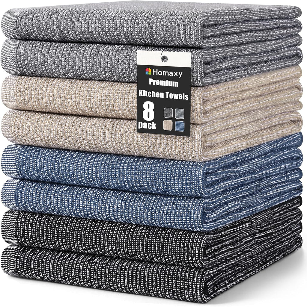 Homaxy Premium Kitchen Towels(18”x 28”, 8 Pack), Large Cotton Kitchen Hand Towels, Flat and Terry Dish Towels, 380 GSM Highly Absorbent Tea Towel Set with Hanging Loop, Mixed Color