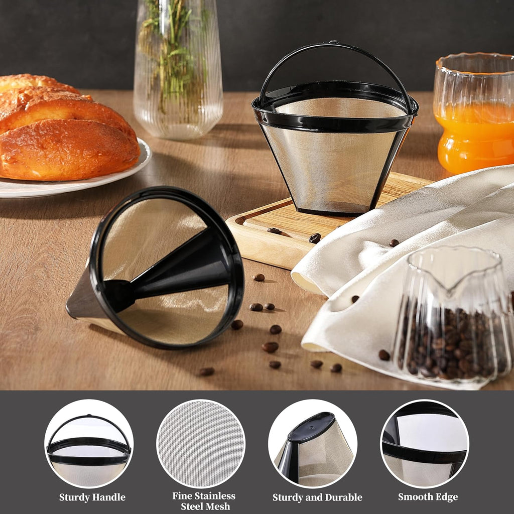 2 Pack Reusable Coffee Filters, Gold Metal Permanent Coffee Filter Basket Replacement for Cuisinart and Ninja Coffee Maker (8-12 Cup), Food-grade and Easy Cleaning