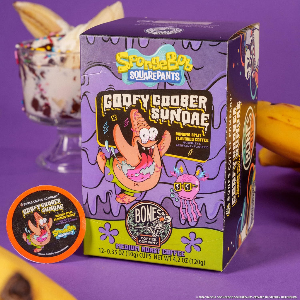 Bones Coffee Company Spongebob Goofy Goober Sundae, Banana Split Flavored Coffee Pods, Low Acid Medium Roast Single-Serve Bones Cups, Compatible with1.0 & 2.0 Capsule Brewers Coffee Maker, 12 Count