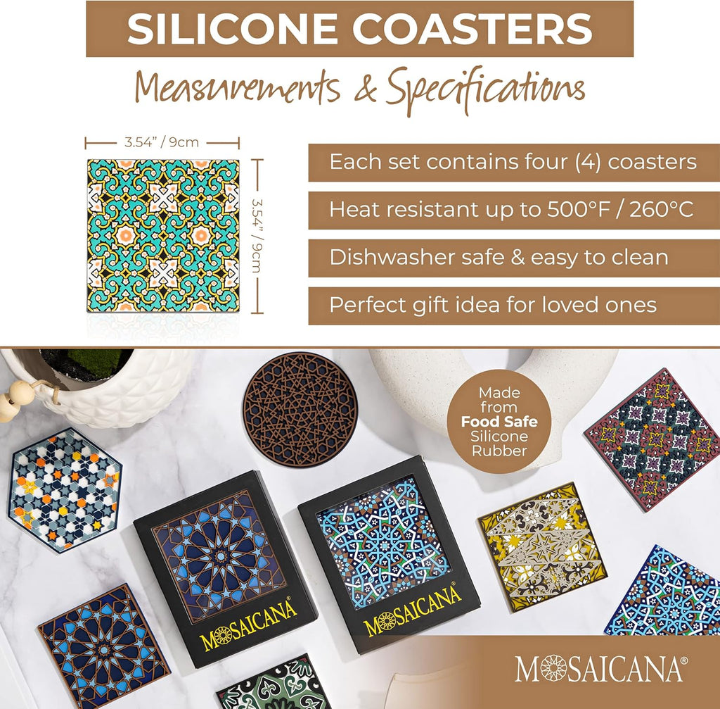 Emerald Tiles Silicone Coasters Set of 4, Protect Against Water Marks or Damage Fits All Cups, 3.5" Inch Size