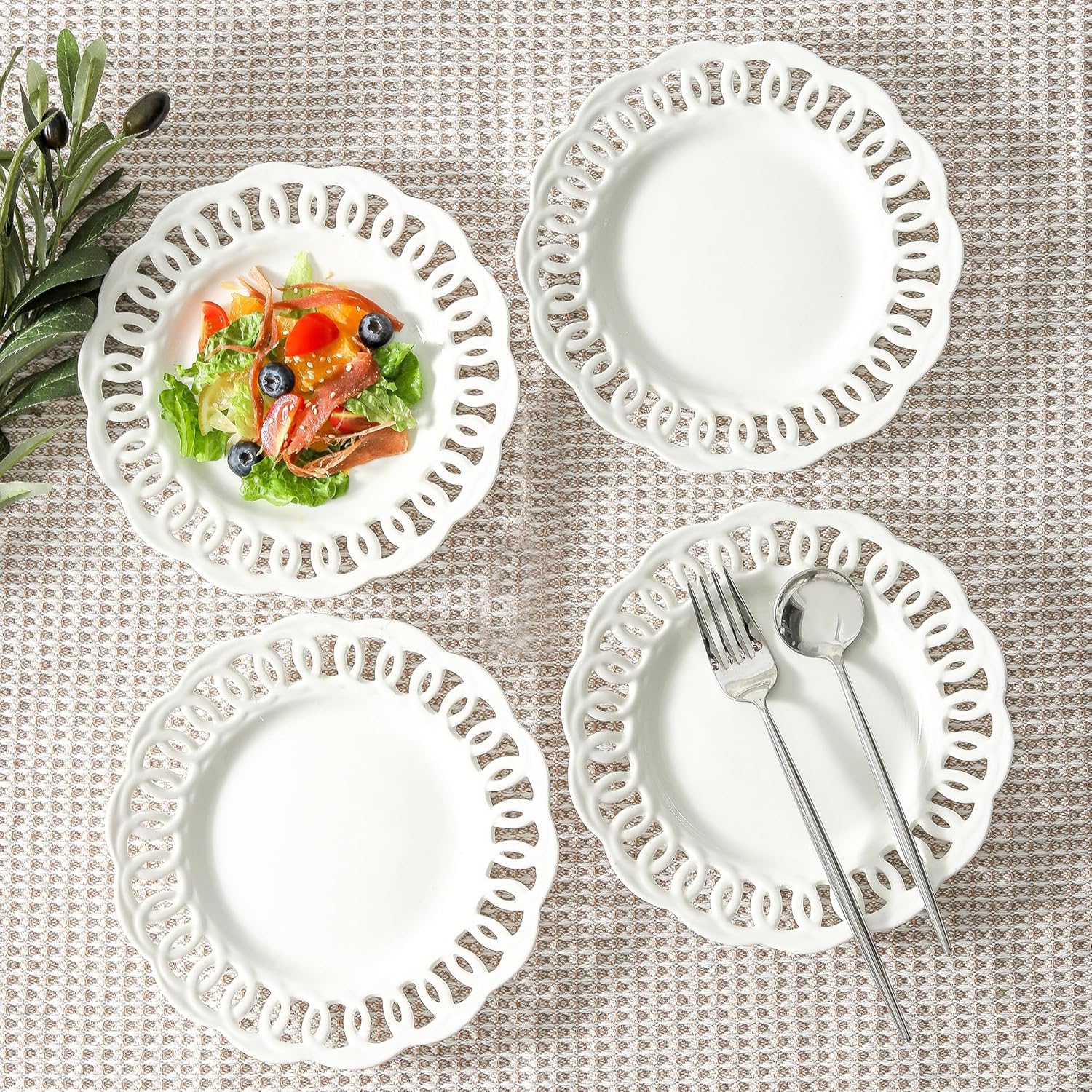 fMBB Round Appetizer Plate with Scalloped Edge Lace Rim, Set of 4, White 8 inch Ceramic Dessert Plates, Small for Cake Snack Side Dish, Microwave and Dishwasher Safe