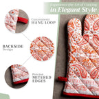 Maison d' Hermine 100% Cotton Oven Mitt & Pot Holder Set (7.5"x13" & 8"x8") Heat Resistant BBQ Cooking Gloves with Loop, Baking, Grilling, Kitchen, Handling Hot Pans (Orient)