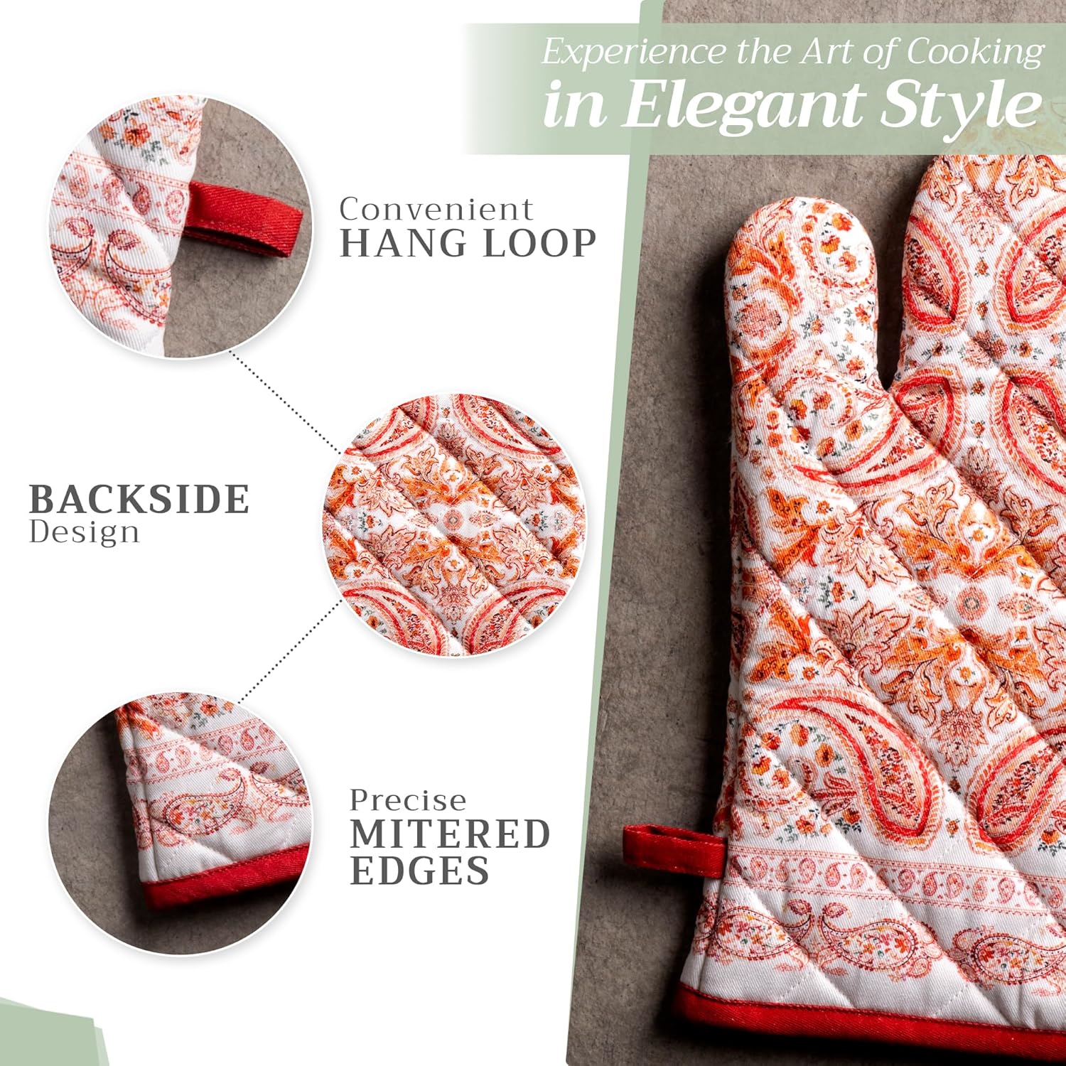 Maison d' Hermine 100% Cotton Oven Mitt & Pot Holder Set (7.5"x13" & 8"x8") Heat Resistant BBQ Cooking Gloves with Loop, Baking, Grilling, Kitchen, Handling Hot Pans (Orient)