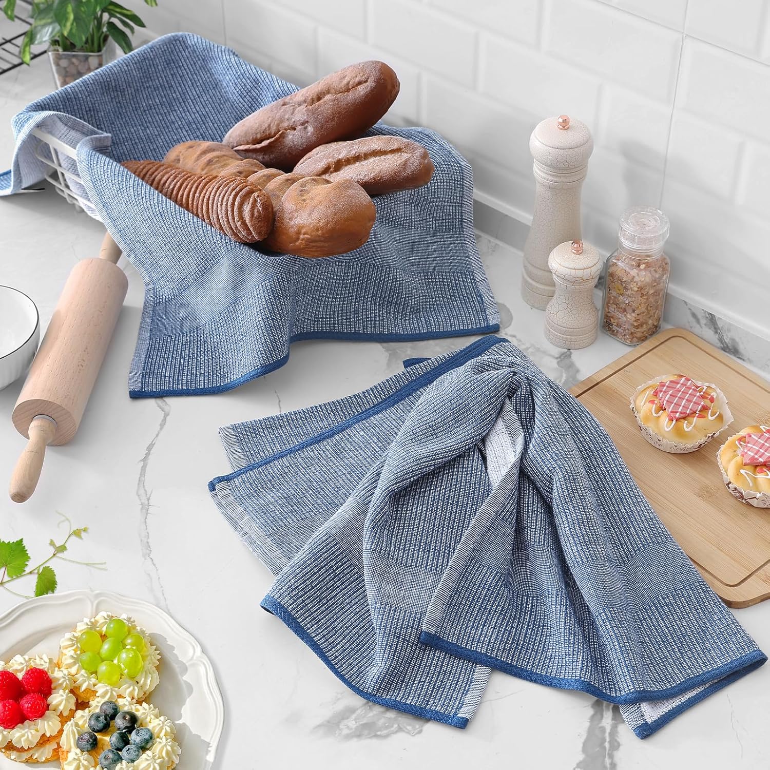 Homaxy Premium Kitchen Towels(18”x 28”, 6 Pack), Large Cotton Kitchen Hand Towels, Flat and Terry Dish Towels, 380 GSM Highly Absorbent Tea Towel Set with Hanging Loop, Navy Blue/Khaki/Black