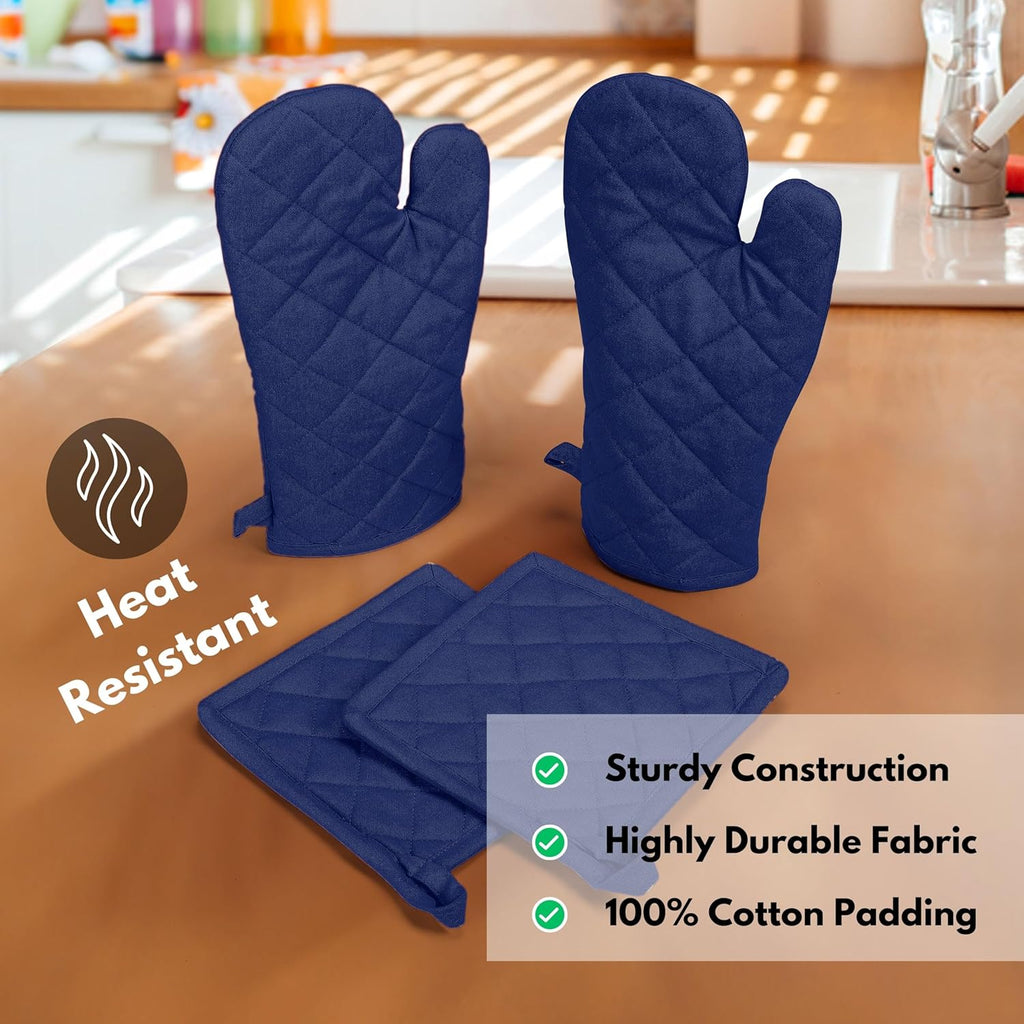 Native Fab 4 Piece Set - 2 Oven Mitts & 2 Potholders, Heat Resistant, 100% Cotton, Quilted Design, Non-Slip Grip, Machine Washable, Ideal for Baking, Cooking, BBQ, Kitchen Protection - Ink Blue