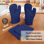 Native Fab 4 Piece Set - 2 Oven Mitts & 2 Potholders, Heat Resistant, 100% Cotton, Quilted Design, Non-Slip Grip, Machine Washable, Ideal for Baking, Cooking, BBQ, Kitchen Protection - Ink Blue