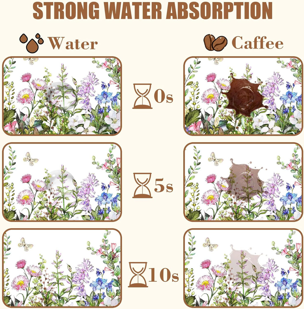 Watercolor Flower and Butterfly Dish Drying Mat for Kitchen Counter Absorbent Coffee Mat with Hide Stain Rubber Backed Espresso Machine Coffee Bar Accessories 15.7 x 23.6 Inch