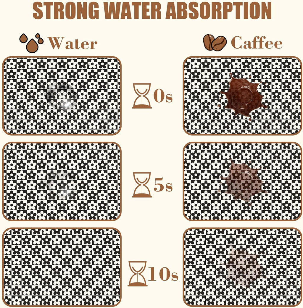 Black and White Checkered Flower Dish Drying Mat for Kitchen Counter Absorbent Coffee Mat Hide Stain Rubber Backed Drying Rack Pad Espresso Machine Coffee Bar Accessories 15.7 x 23.6 Inch