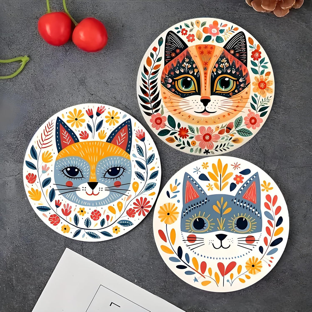 Coasters Set of 6, Wood Coasters for Drinks - Handcrafted Cat Design Thick Heat-Resistant for Beer, Coffee, Office, Bar, Farmhouse Home Decor, Tabletop Protection, for All Cups