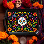 Oasis Choice 2-Pack Day of the Dead Bamboo Fiber Serving Trays - 18x13 Inch Extra Large w/Handles for BBQ, Picnic, Party - Durable Lightweight Serving Platters - Sugar Skull and Marigold Decor (Black)
