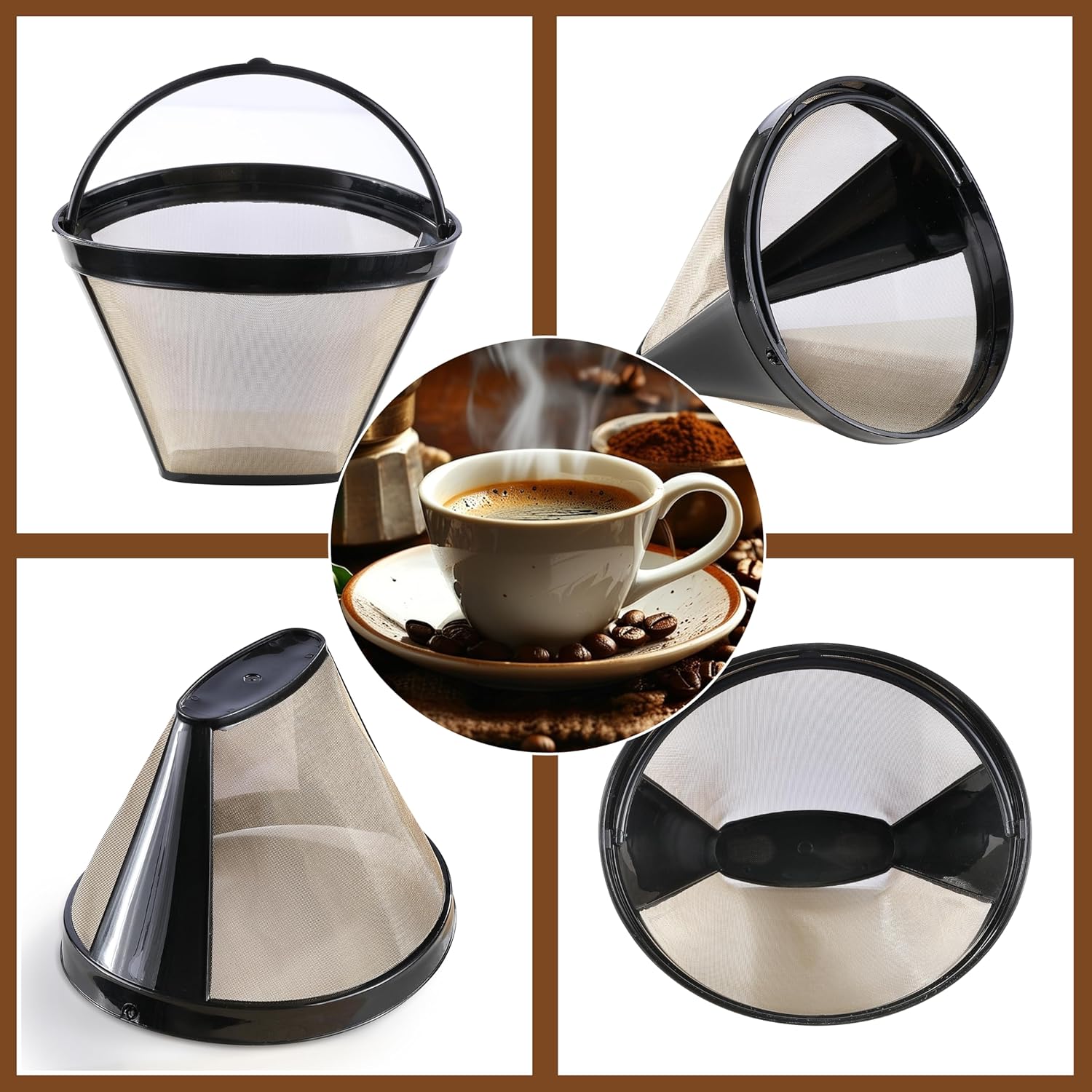 2 Pack Reusable Coffee Filters, Gold Metal Permanent Coffee Filter Basket Replacement for Cuisinart and Ninja Coffee Maker (8-12 Cup), Food-grade and Easy Cleaning