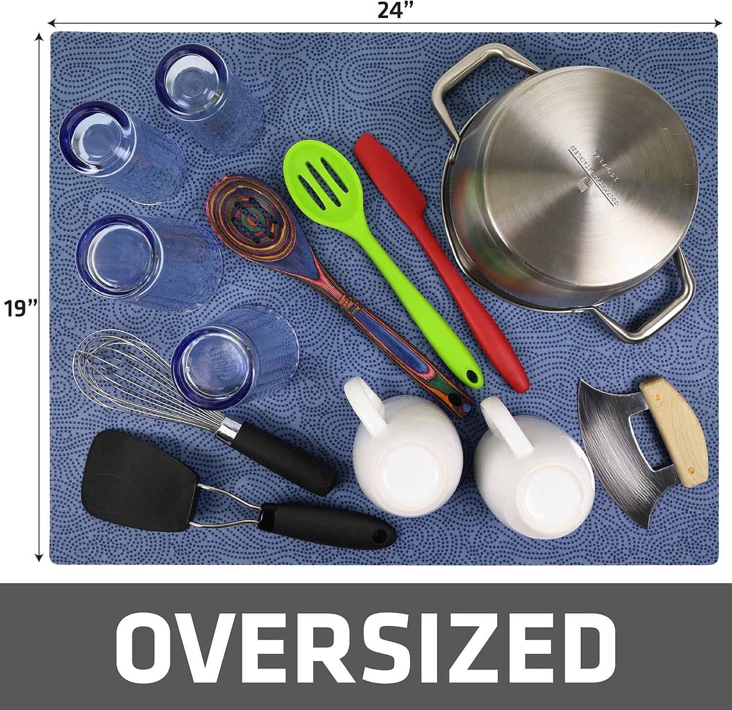 Drymate XL Dish Drying Mat, Oversized (19”x24”), Low-Profile, Super Absorbent, Quick Dry Fabric, Waterproof & Slip-Resistant, for Kitchen Counter, Trimmable, Easy to Clean (USA Made)(Blue)