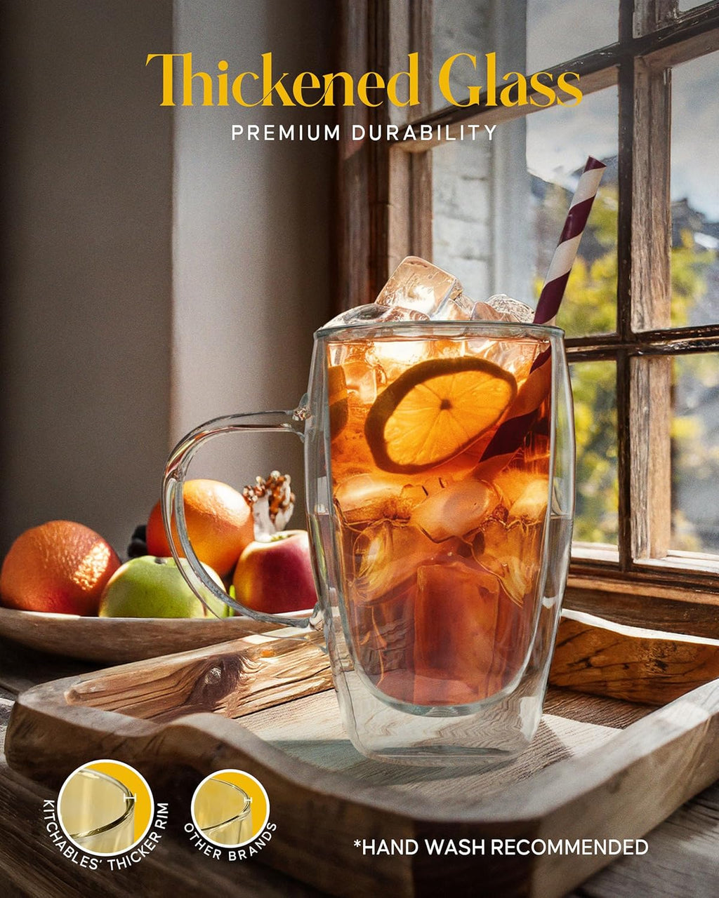 Kitchables Double Walled Glass Coffee Mugs Set of 2, 15oz - Insulated Glass Coffee Mugs for Cappuccino, Latte, Tea, Espresso - Latte Cup - Tazas Para Cafe