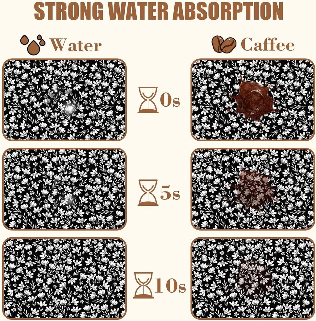 Black and White Flowers Dish Drying Mat for Kitchen Counter Coffee Bar Mat Hide Stain Absorbent Rubber Backed Drying Rack Pad Espresso Machine Coffee Bar Accessories 11.8 x 19.7 Inch