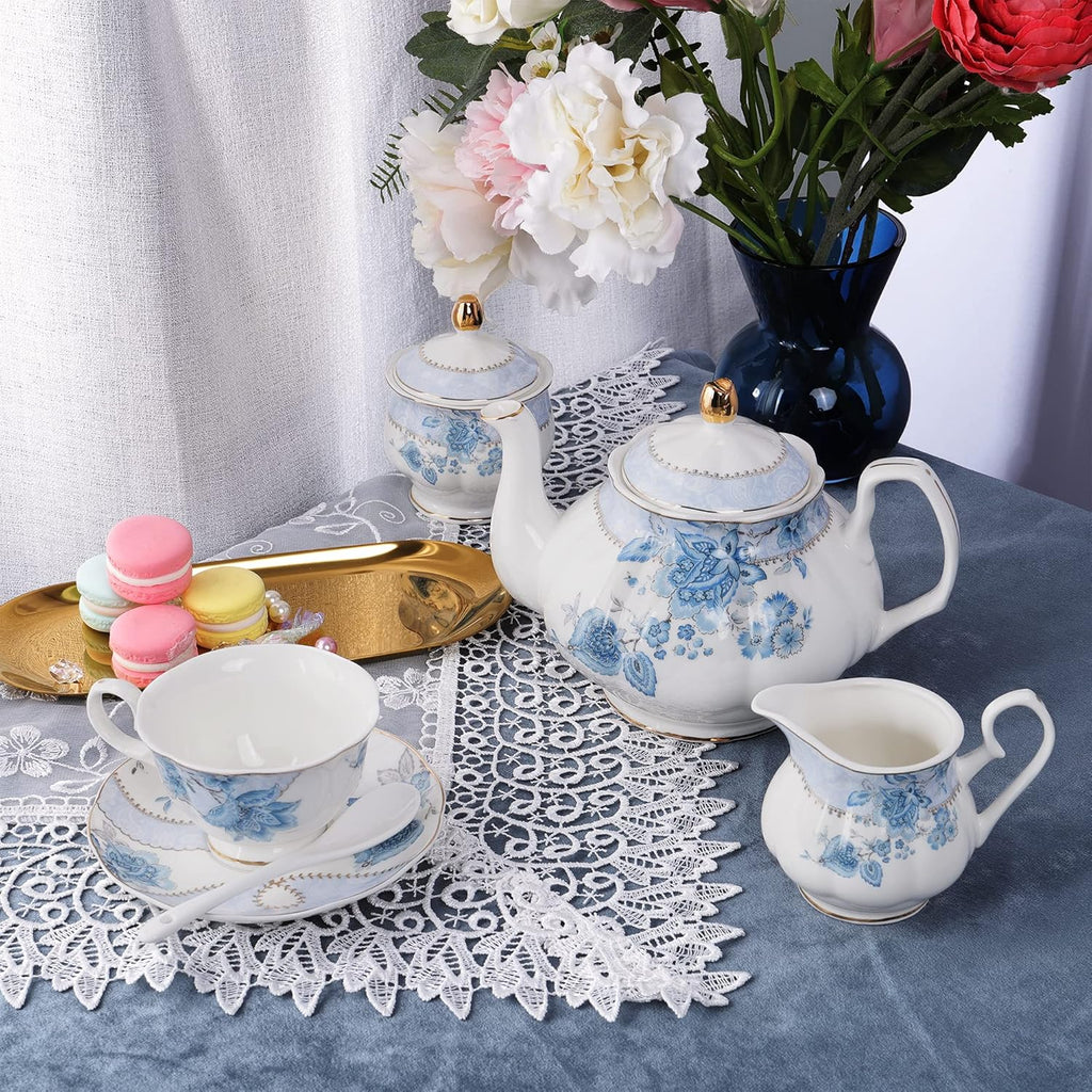 fanquare Blue Flowers Porcelain Tea Set, Tea Cup and Saucer Set Service for 6, Wedding Tea Set with Sugar Bowl Cream Pitcher, Floral Coffee Set for Tea Party