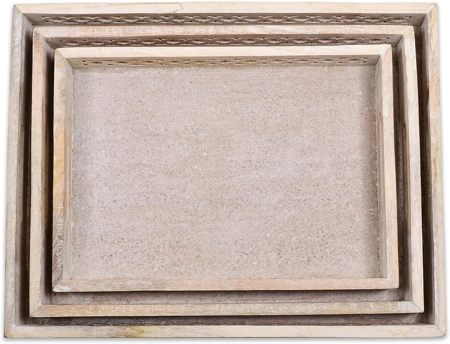 Mela Artisans Whitewash Wooden Decorative Tray with Handles | 16x12x2.5 Mango Wood Ottoman Tray | for Kitchen Countertop | Coffee Table | Snacks | Desserts | Breads | Bedroom Decor