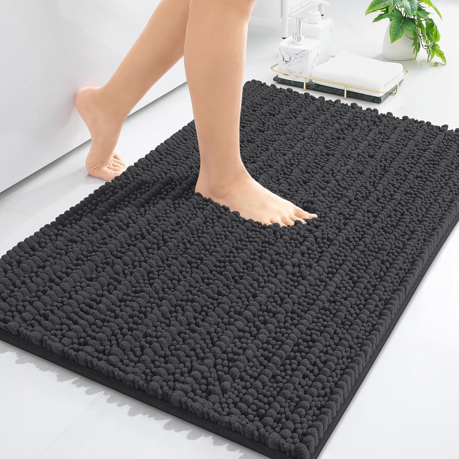 Arotive Luxury Chenille Bathroom Rug Mat, Extra Soft Thick Absorbent Shaggy Bath Rugs, Non-Slip Machine Wash Dry, Plush Bath Mats for Bathroom, Shower and Tub, 36x24, Dark Grey