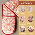 Maison d' Hermine Double Oven Mitts 100% Cotton 7"x35" Double Oven Mitt Heat Resistant BBQ Cooking Gloves with Loop, Baking, Grilling, Home, Kitchen, Handling Hot Pans (Orient)