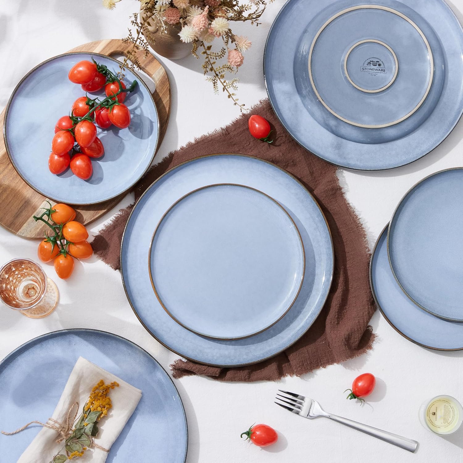 Herogo 6-Piece Stoneware Dinner Plates Set, 10.43" Ceramic Round Plate Set, Handmade Double Reactive Glaze Dinnerware Plates for Kitchen, Microwave, Oven and Dishwasher Safe, Haze Blue