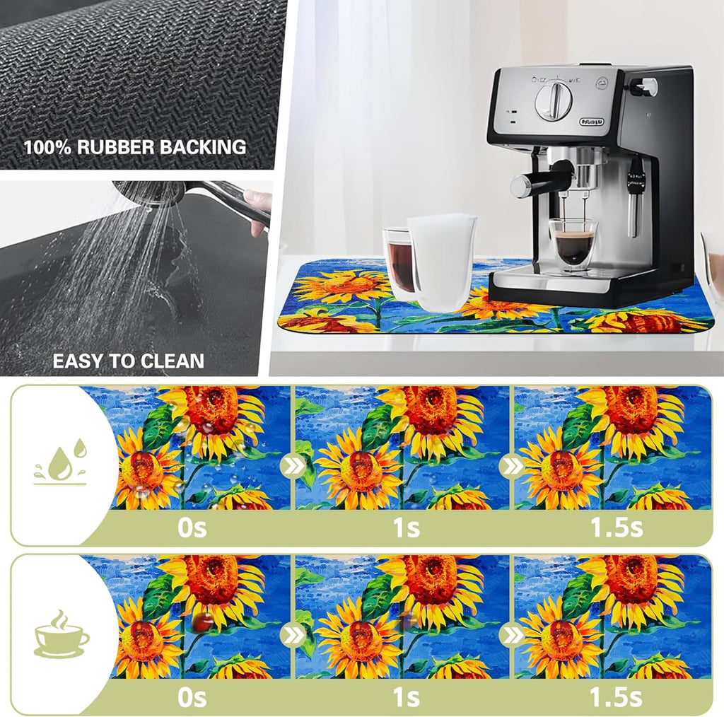 Kitchen Mat Oil Painting Sunflowers Dish Drying Mat 16"x24" Bsorbent Coffee Maker Mat for Sink Dishes or Under Rack Kitchen Counter Accessories Absorbent Hide Stain Rubber Backed Dish Drying Pad