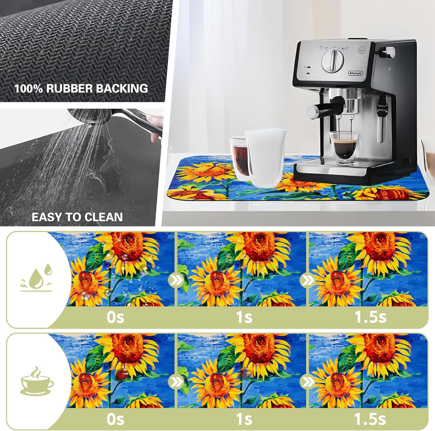 Kitchen Mat Oil Painting Sunflowers Dish Drying Mat 12"x19" Bsorbent Coffee Maker Mat for Sink Dishes or Under Rack Kitchen Counter Accessories Absorbent Hide Stain Rubber Backed Dish Drying Pad