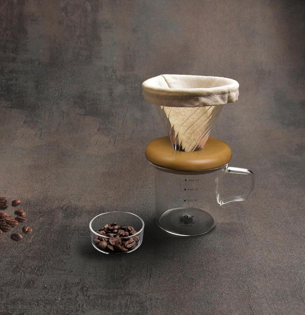 ATHIA Glass Pour Over Coffee Dripper Set, Glass Cone Dripper, Reusable Cloth Filter, Leather Cup Sleeve, Minimal Single Cup SET, for outdoor, office or at home (Olive Wood)
