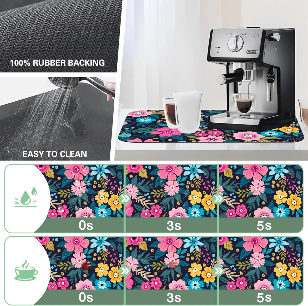 Dish Drying Mat Bright Colorful Flowers Leaves Coffee Mat,16"X24" Bsorbent Dish Drying Pad for Sink Dishes or Under Rack Kitchen Counter Accessories Absorbent Hide Backed Drying Mat